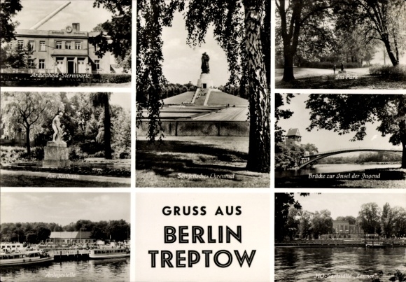 Postcard Berlin Treptow, Soviet Memorial, Archenhold Observatory, HOG Zenner, Island of Youth
