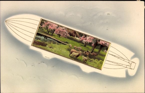 Passepartout Postcard Kitsch, Zeppelin, Airship, Sheep