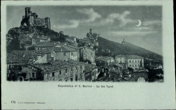 Moonlight Postcard San Marino, city at night, castle, three towers