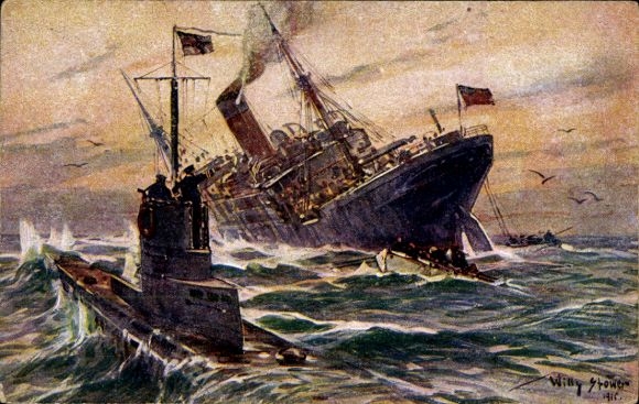 Artist Postcard Stöwer, Willy, Destruction of an English merchant steamer by a German submarine