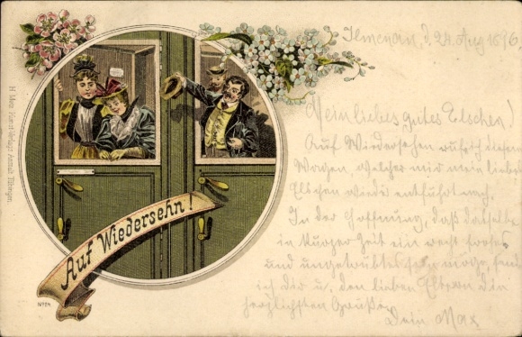 Chromo-Litho Goodbye, passengers in train compartment, railway