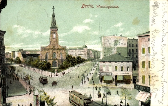 Postcard Berlin Wedding, Weddingplatz with church, trams, shop Loeser u. Wolff