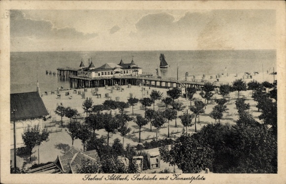Ahlbeck Baltic Sea resort on Usedom, seaside resort pier with concert platform, trees, beach chairs