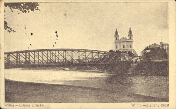 Postcard Vilnius Wilna Lithuania, Green Bridge, church in the background, river, black and white image