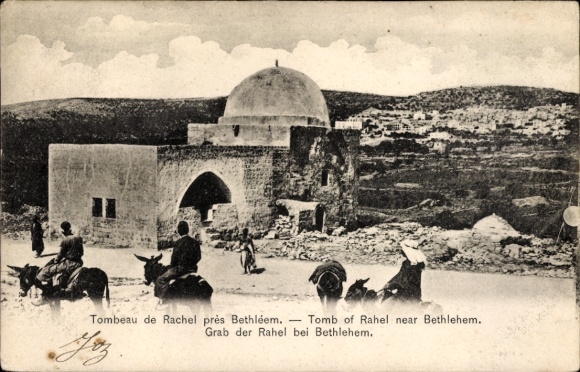 Postcard Bethlehem Palestine, Rachel's Tomb, near dome, donkey, people