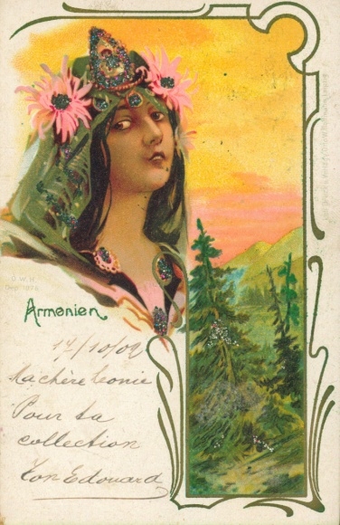 Glitter Chromo-Litho Armenia, woman in traditional costume, hair accessory