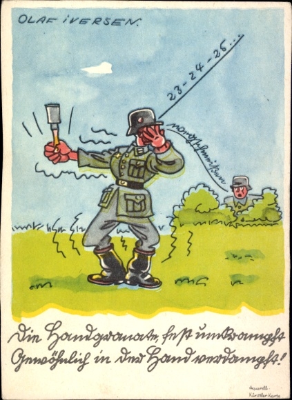 Artist Postcard Iversen, Olaf, Wehrmacht soldier, hand grenade in his hand