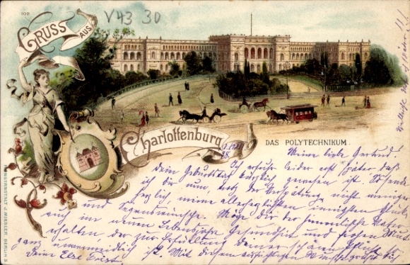 Lithograph Berlin Charlottenburg, Polytechnic, horse-drawn tram