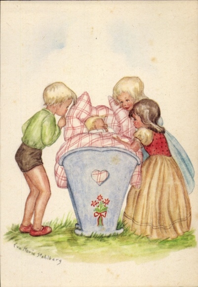 Artist Postcard Stahlberg, Eva Maria, Congratulations on the birth of children at the cradle