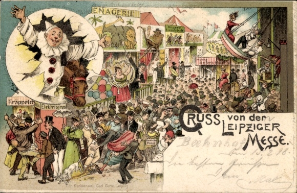 Chromo-Litho Greetings from the Leipzig Trade Fair, fairground, attractions, menagerie, ship swing, harlequin