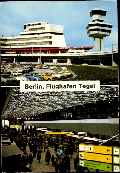 Postcard Berlin Reinickendorf Tegel, Airport, TXL, Counter, Tower, Interior view, Parking