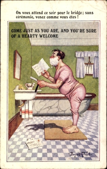 Artist Postcard McGill, D., Man shaving, bathroom