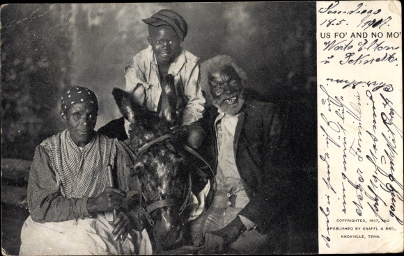 Postcard USA, Us fo' and no mo', family with donkey