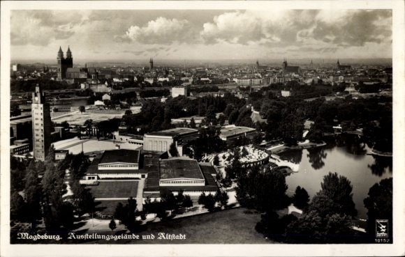 Magdeburg on the Elbe, exhibition grounds and old town, aerial view