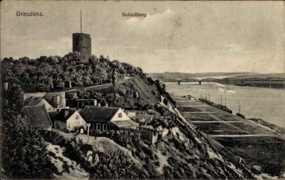 Postcard Grudziądz Graudenz West Prussia, Castle Hill, River, Bridge, Houses