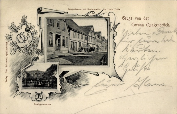 Postcard Quakenbrück, Greetings from Corona, Realgymnasium, Langestraße, Louis Thüle Restaurant