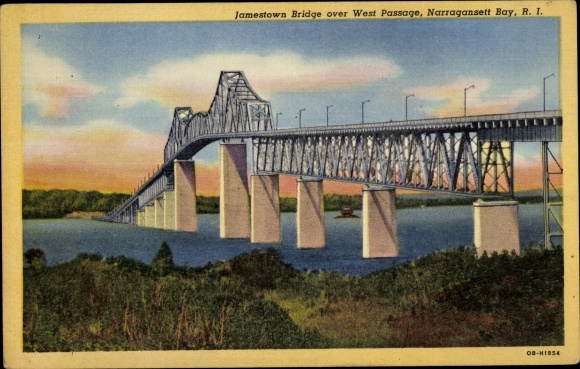 Postcard Narragansett Pier Rhode Island, Jamestown Bridge over West Passage