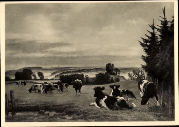 Artist Postcard Weisgerber, Carl, Evening in the Bergisches Land, Cows, HDK 549, Cows in the Pasture