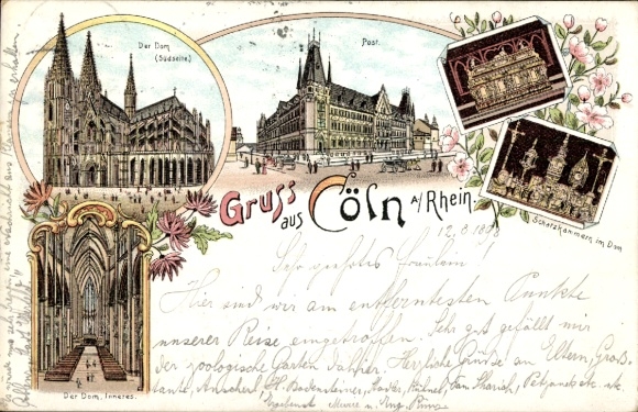 Lithograph Cologne on the Rhine, Cathedral, Post Office