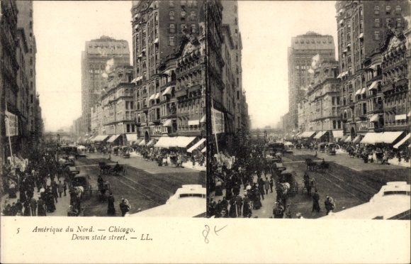 Stereo Postcard Chicago Illinois USA, Down State Street