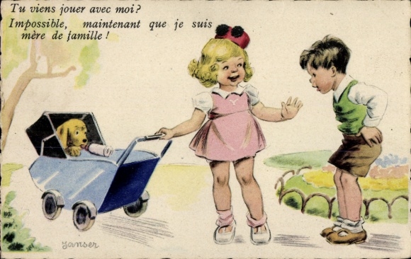 Artist Postcard Janser, children, dog in stroller, park