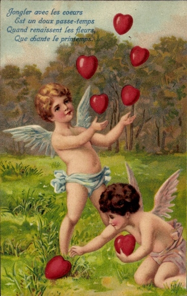 Stamped Postcard Angels, Love Angels, Hearts