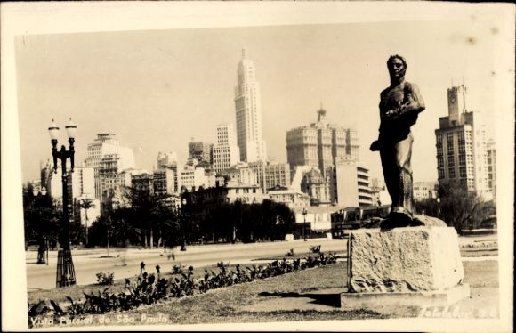 Postcard São Paulo Brazil, cityscape with statue in the foreground, skyscrapers in the background