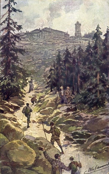 Artist Postcard Hammel, Otto, Brocken in the Harz Mountains, Ascent to the Brocken Hotel