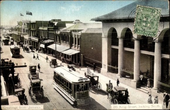 Postcard Kingston Jamaica, King Street, looking south