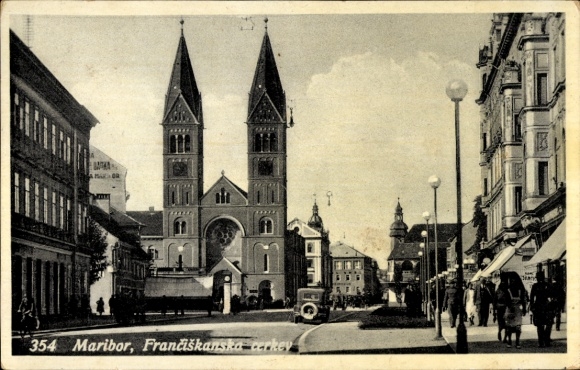 Postcard Maribor Marburg an der Drau Slovenia, Frančiškanska Church, street view, old cars