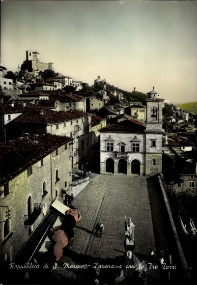 Postcard San Marino, panorama with the three towers