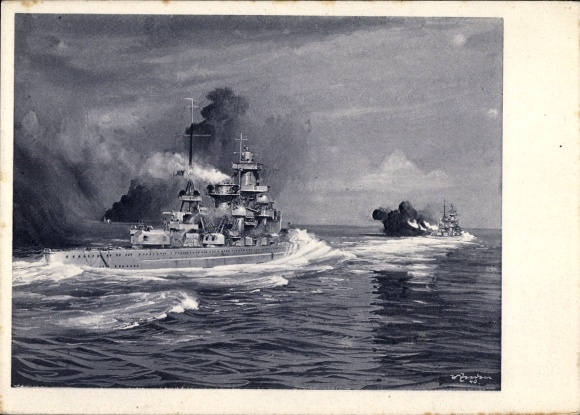 Artist Postcard Battleship Scharnhorst, Gneisenau, Kriegsmarine, Battlecruiser HMS Glorious