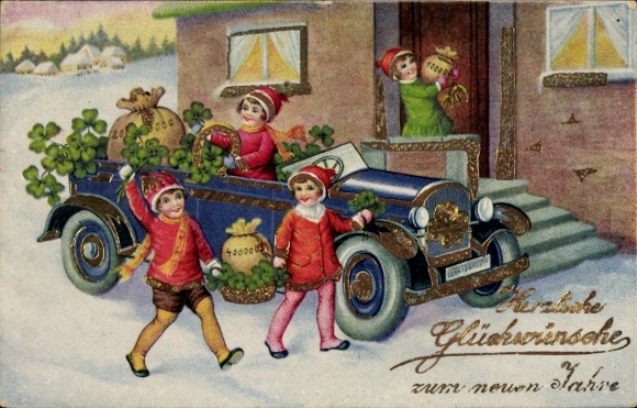 Coin featuring a Happy New Year theme, automobile, children with money bags, and shamrocks.