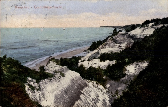 Postcard Svetlogorsk Baltic Sea resort Rauschen East Prussia, coastal landscape, sea, sailboats, cliffs, Cordo