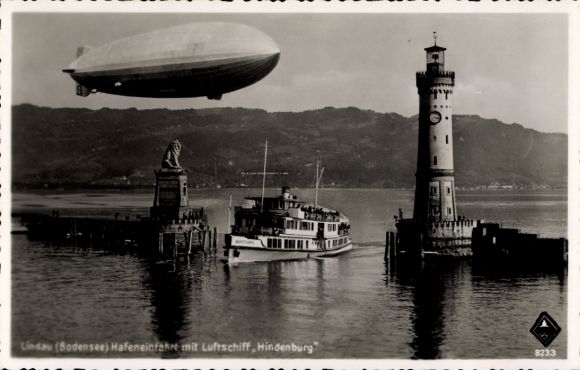 Lindau on Lake Constance, Swabia, harbor entrance with the airship Hindenburg