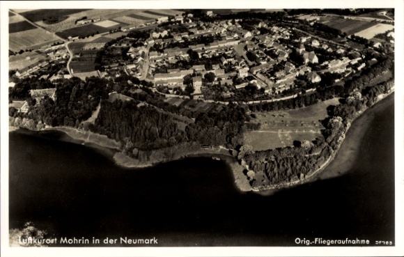 Postcard Moryń Mohrin Neumark East Brandenburg, aerial view of Neumark, landscape, water, trees