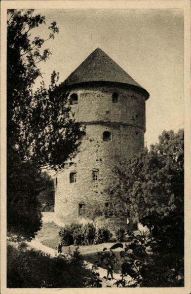 Postcard Tallinn Reval Estonia, Round Tower, trees, path, people