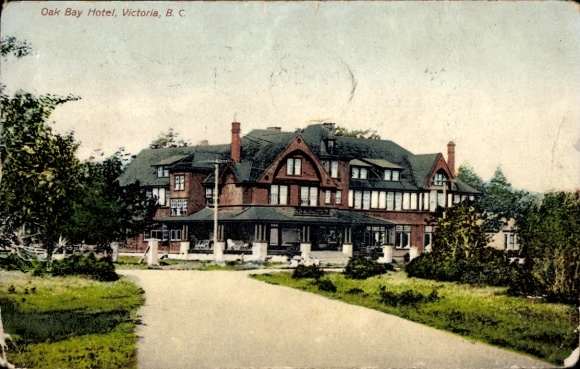 Postcard Victoria British Columbia Canada, Oak Bay Hotel, multi-story building, trees and path