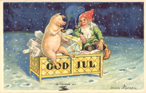 Artist Postcard Nyström, Jenny, Merry Christmas, dwarf and pig smoking pipe, packages