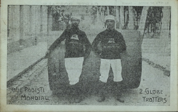 Postcard world travelers Attillus Zanardi and Eugene Vianello, rolling barrel