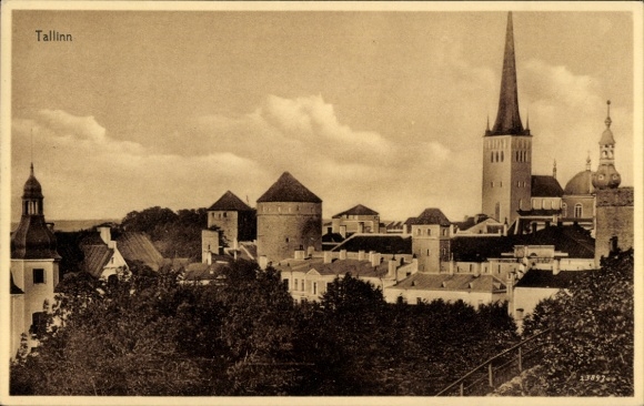 Postcard Tallinn Reval Estonia, city view of towers, buildings, clouds
