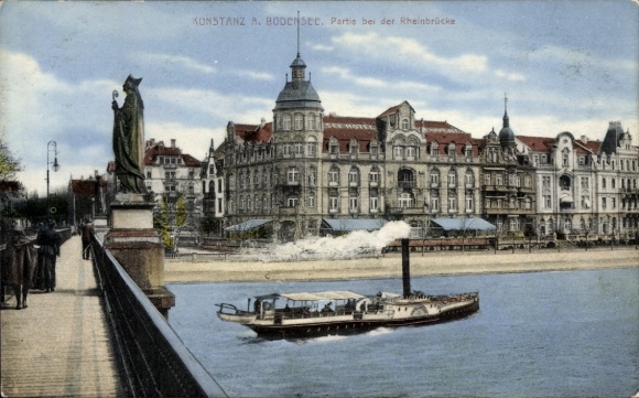 Konstanz on Lake Constance, Konstanz on Lake Constance, Rhine bridge, steamboat, statue