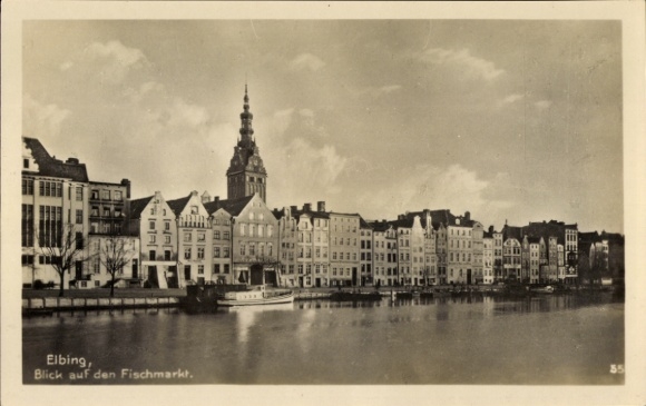 Postcard Elbląg Elbing West Prussia, view of the fish market, water, buildings, cityscape