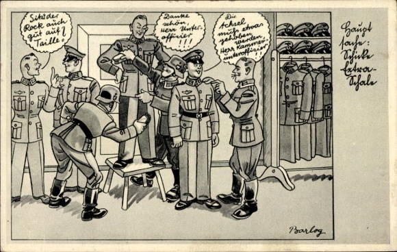 Artist Postcard Barlog, Wehrmacht soldiers try on uniforms