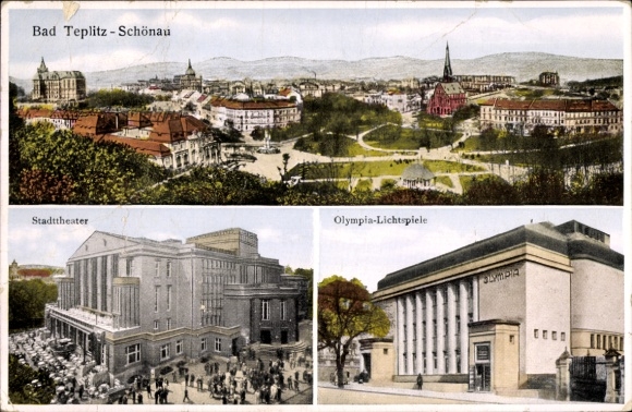 Postcard Teplice Šanov Teplitz Schönau Region Aussig, Totale, Stadttheater, Olympia Lichtspiele