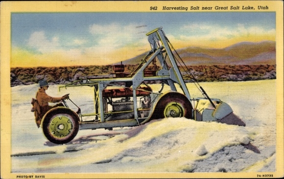 Postcard Utah USA, Harvesting salt near Grat Salt Lake
