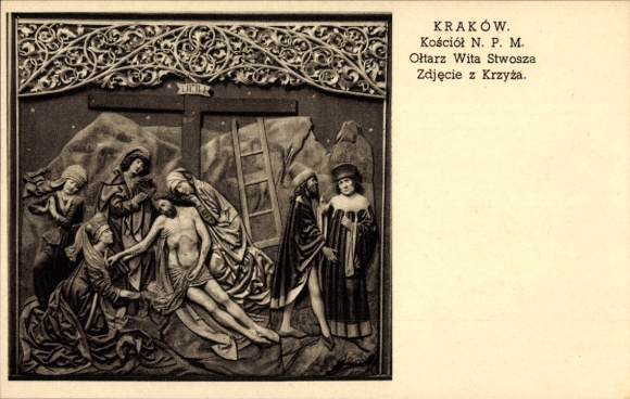 Postcard Bielany Kraków Krakow Poland, Crucifixion scene, Oltar Wita Stwosza, religious figures