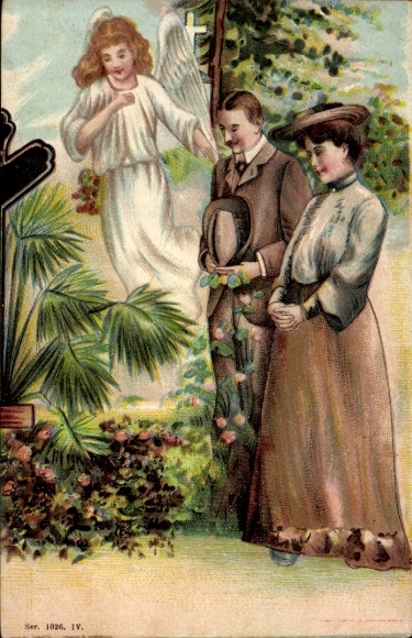 Coinage Postcard Guardian Angel, parents standing at the grave