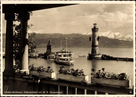 Lindau on Lake Constance, harbor entrance, ship MS Deutschland, lighthouse