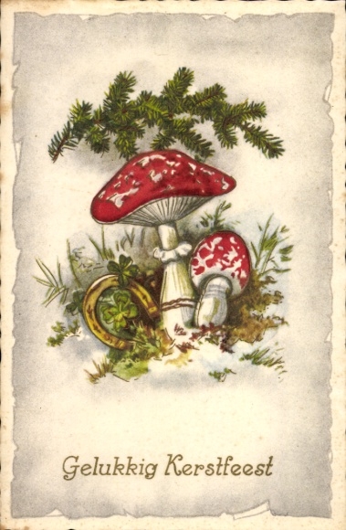 Greeting card Christmas, mushrooms, horseshoes, fir branches